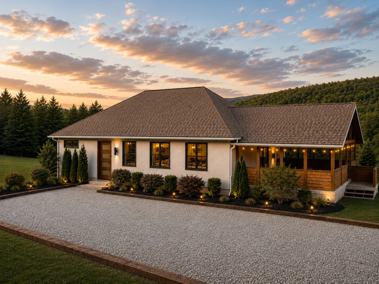 Front of The Berkwell with gravel driveway at sunset