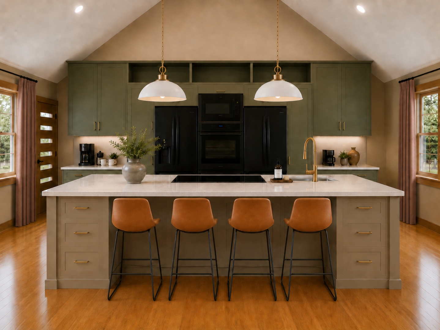 Beautifully designed kitchen with island and bar stools