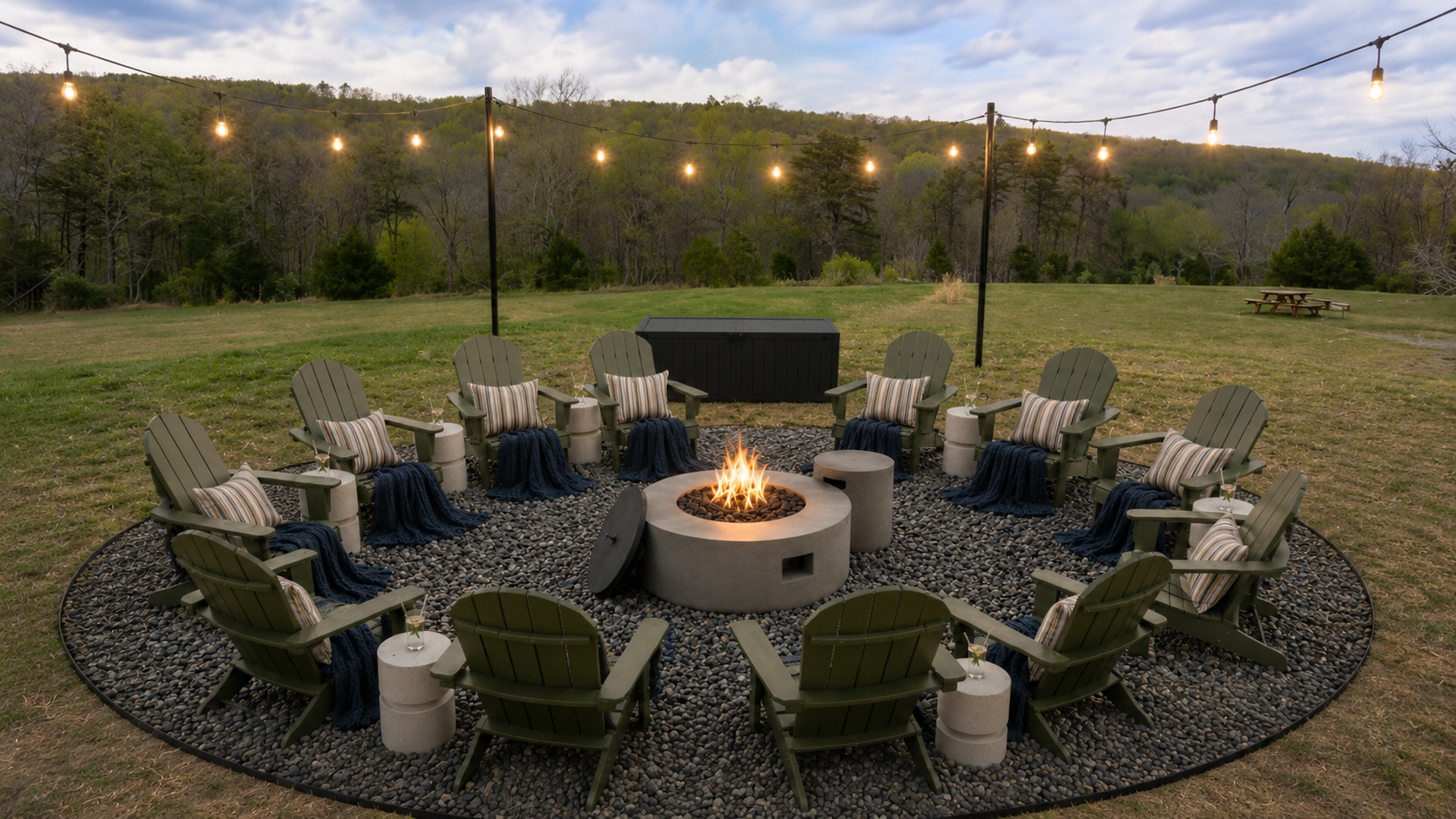 Fire pit circle with Adirondack chairs and string lights at dusk